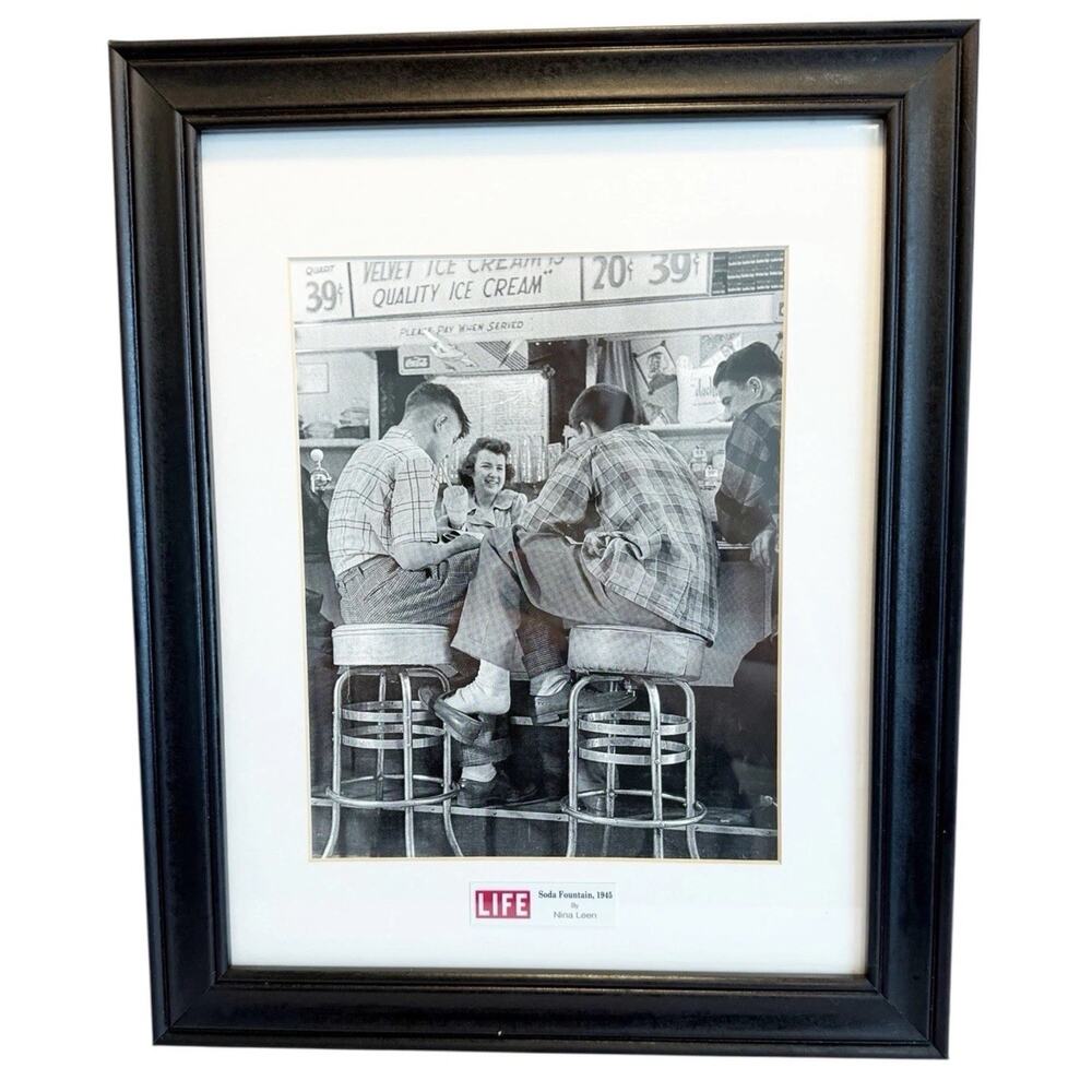 Vtg 1945 Life Magazine Black White Soda Fountain Photo Nina Leen Framed Picture